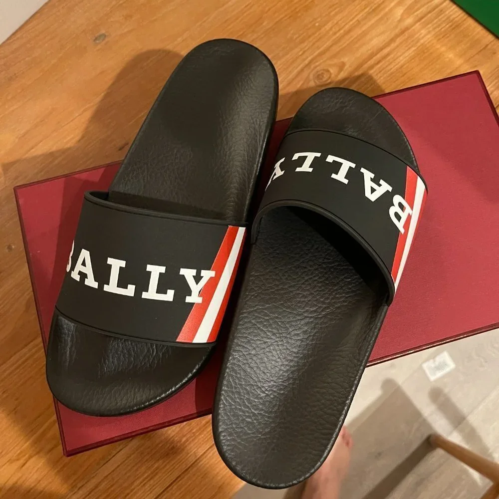 BALLY SIMON BLACK RUBBER LOGO SANDALS SLIDES SHOES - MADE IN‎ ITALY US 7